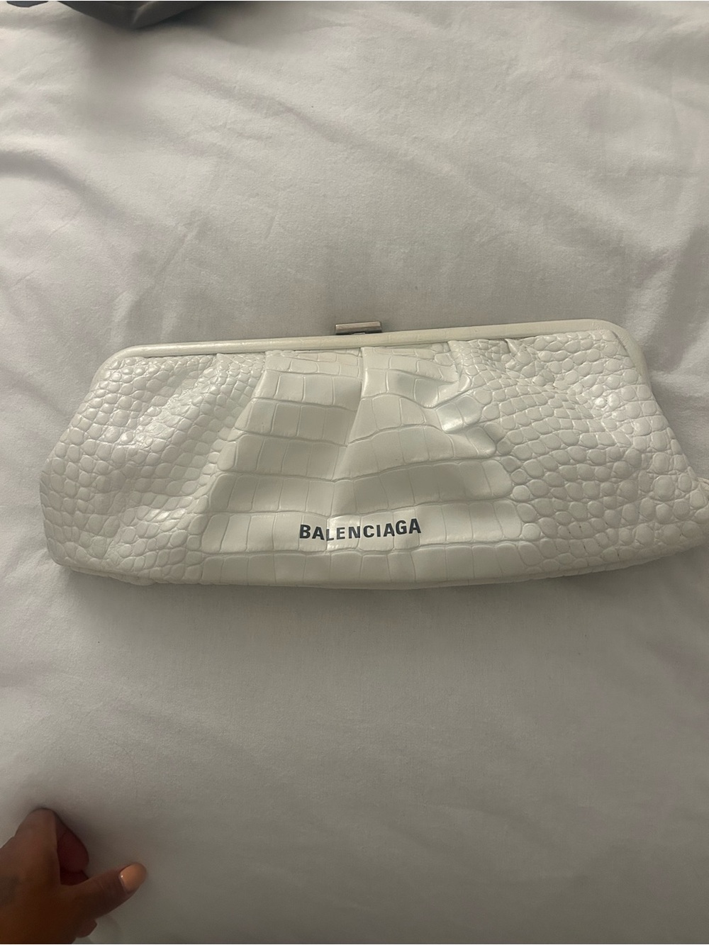 Balenciaga White Croc-Effect Frame Clutch